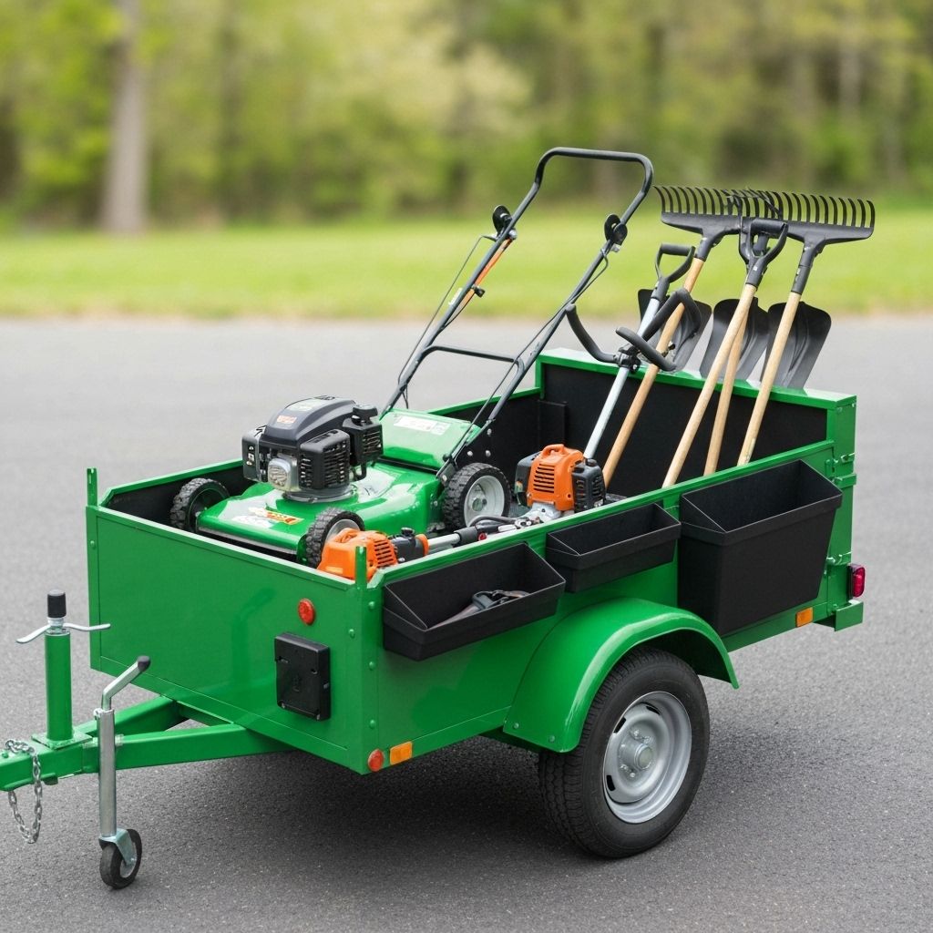 Professional lawn care equipment and tools organized for business