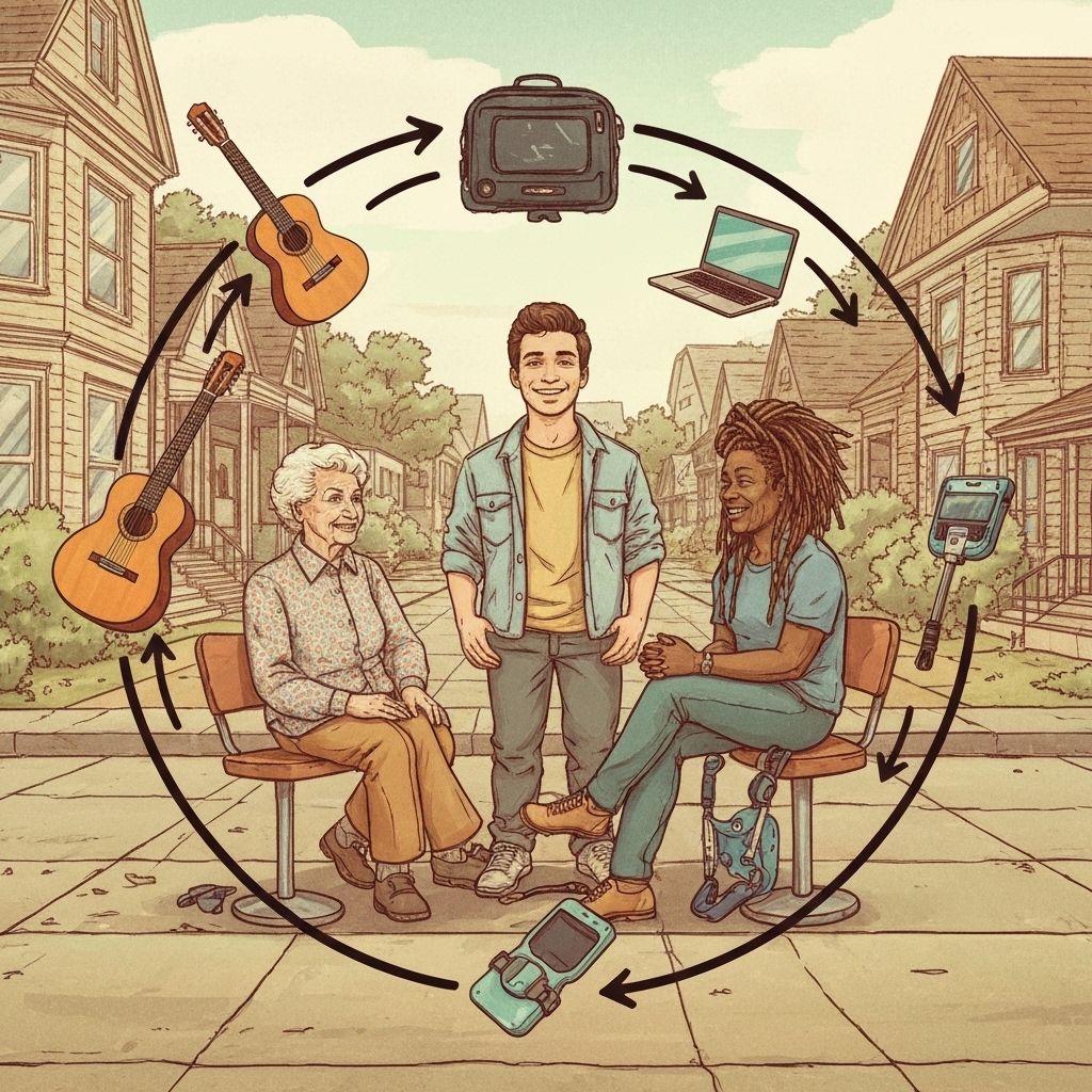 Circular flow diagram showing items moving between people in a community, representing circular economy