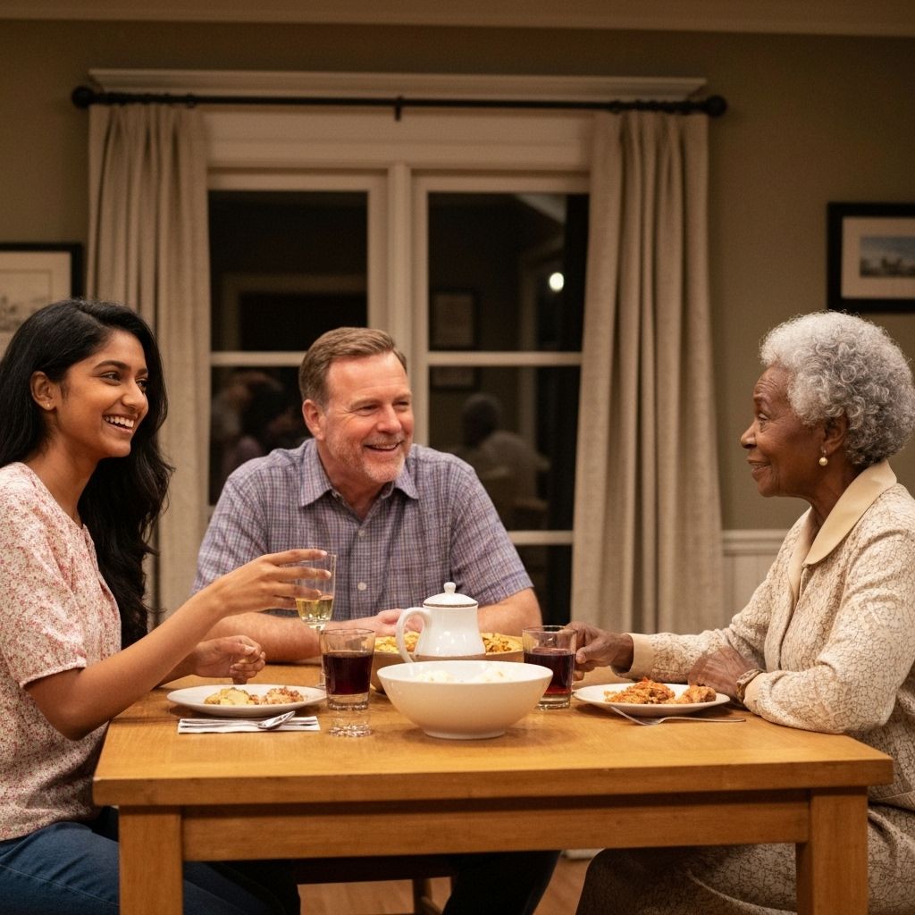 Neighbors sharing dinner together around table