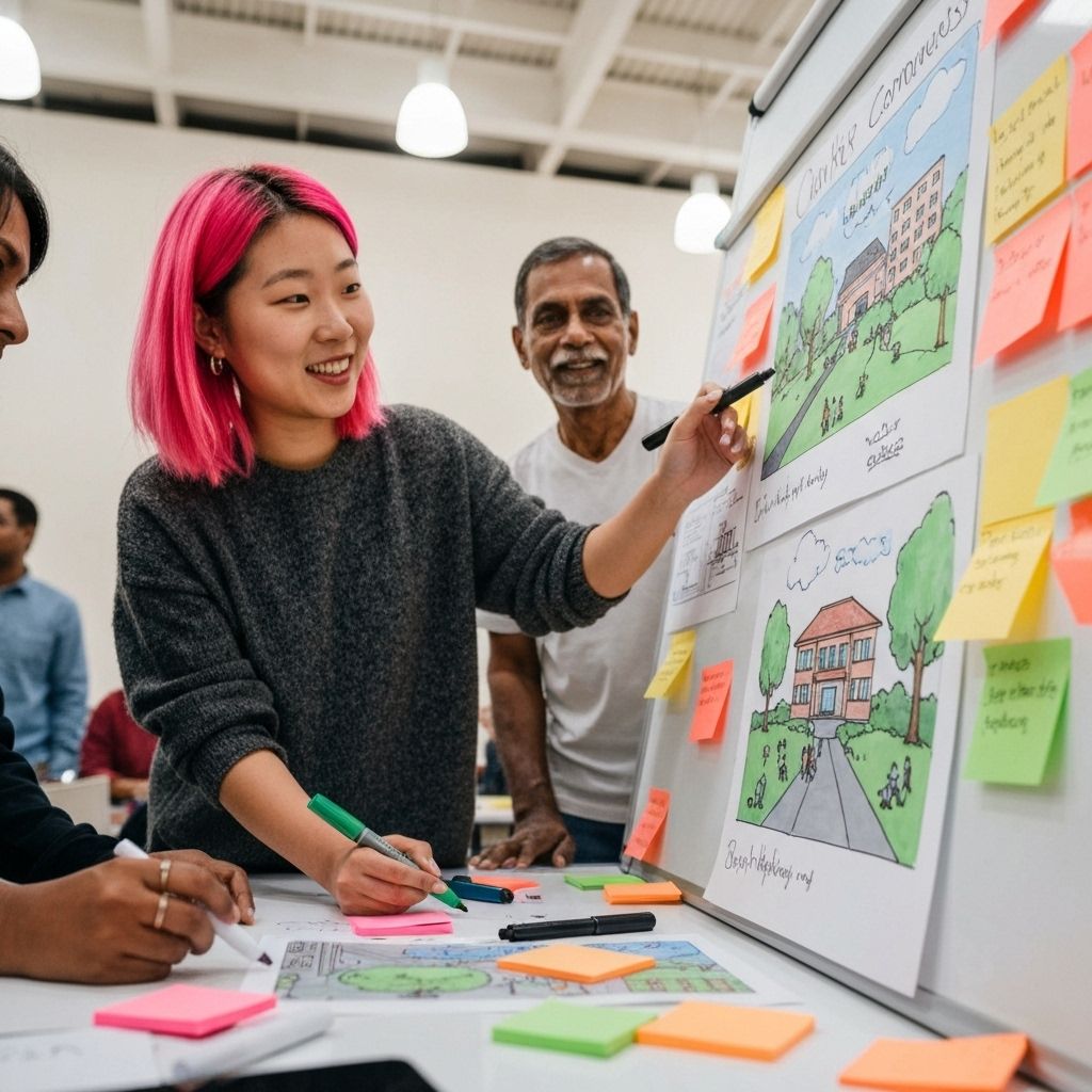 Neighbors happily sharing bulk goods in a coordinated, stress-free way