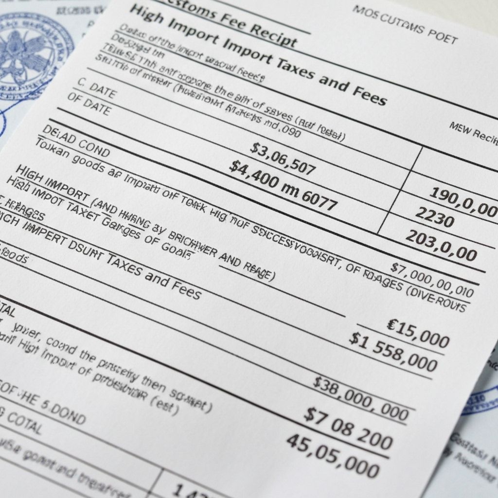 Customs fee receipt showing high import taxes