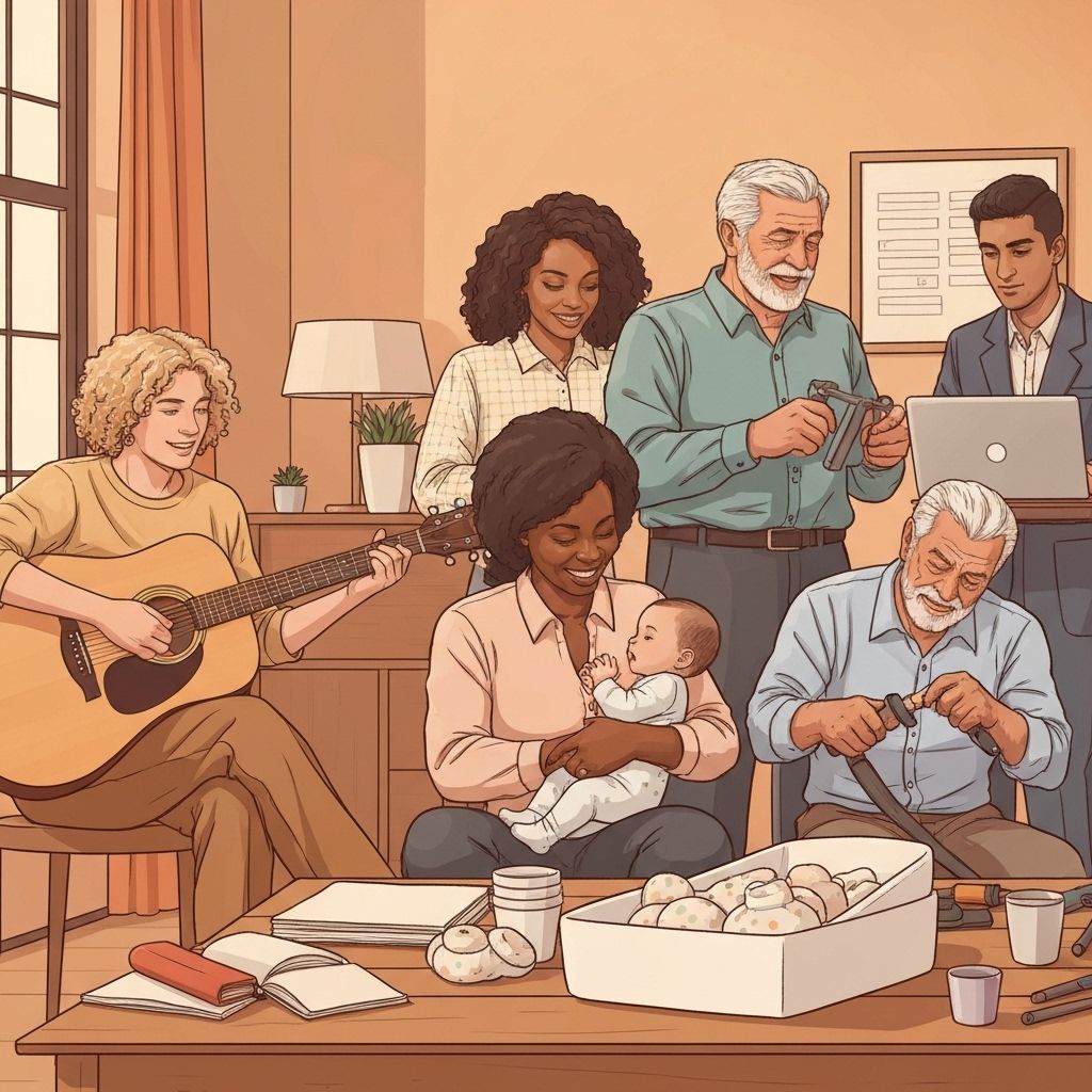 Collage of diverse people in different life stages - musician with guitar, parent with baby items, retiree with tools, professional with laptop