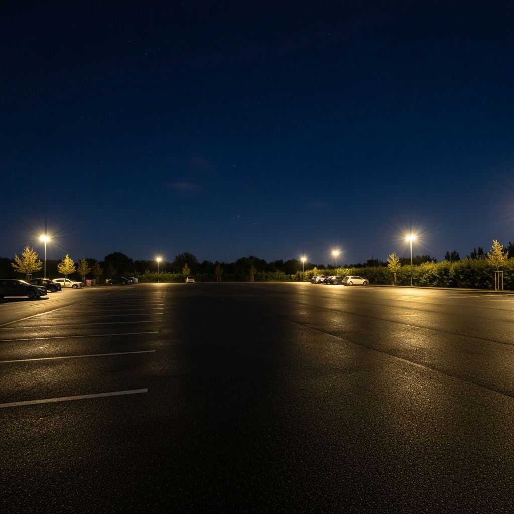 Empty parking lot at night with poor lighting