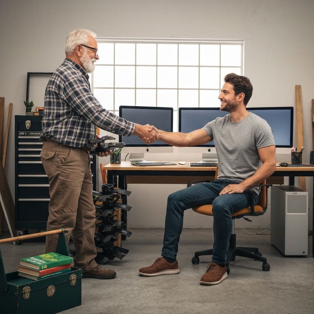 Handshake between two men trading equipment in garage