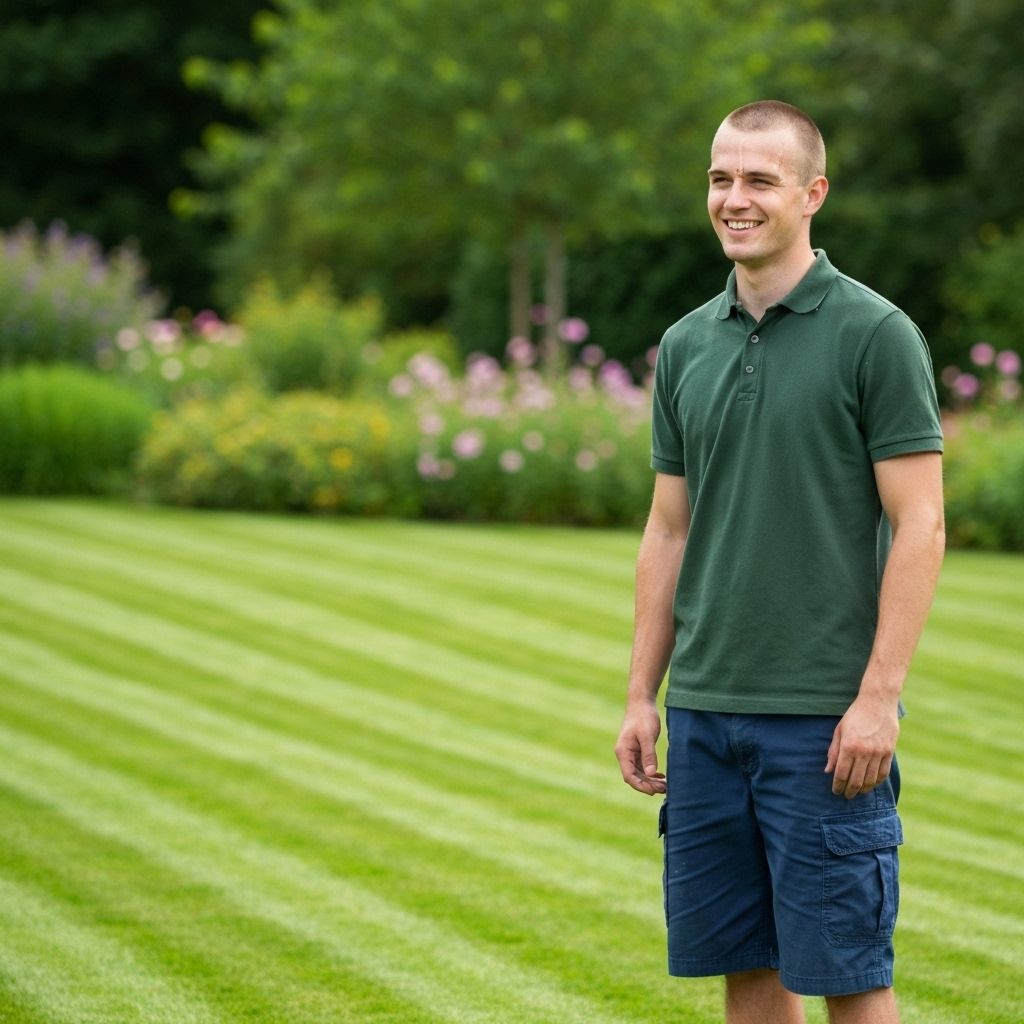 Young man standing proudly next to perfectly mowed lawn
