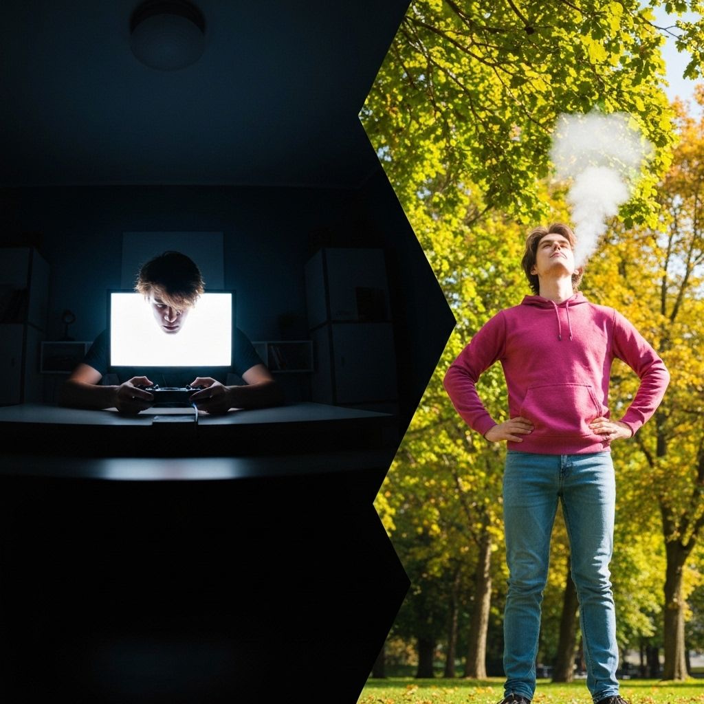 Transformation from gaming to outdoor work - split screen showing before and after