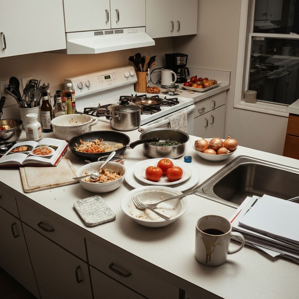 Kitchen counter overflowing with bulk containers and measuring cups