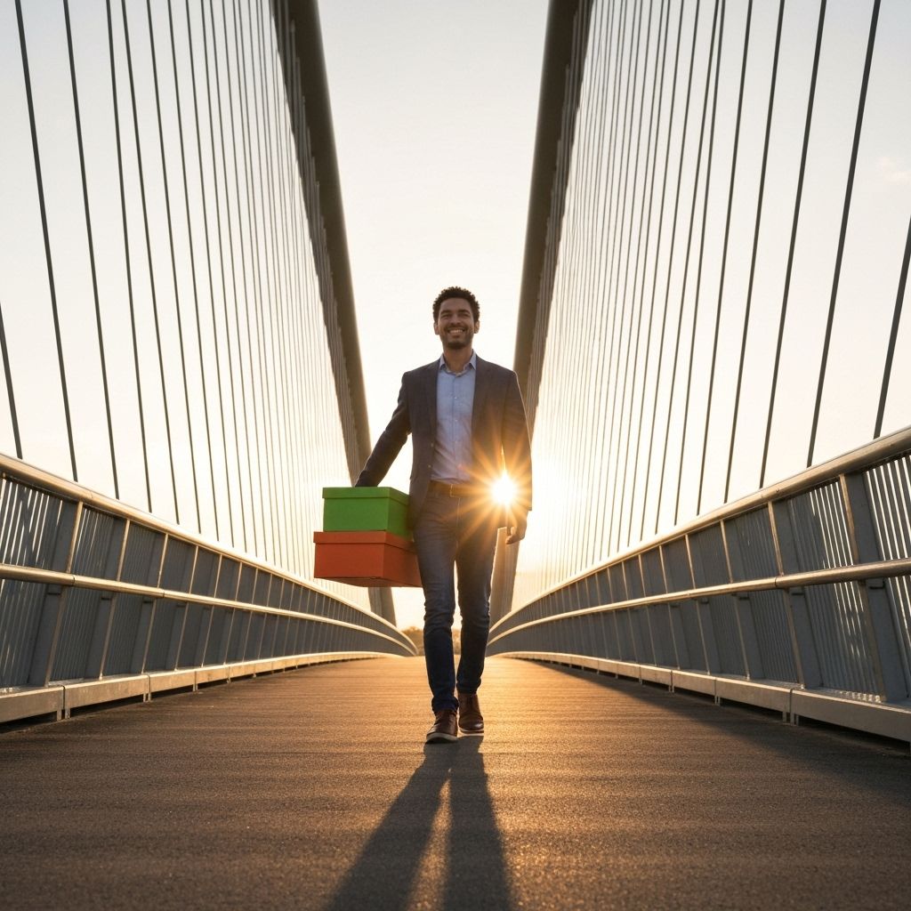 Person crossing a bridge carrying boxes, symbolizing life transitions and moving forward