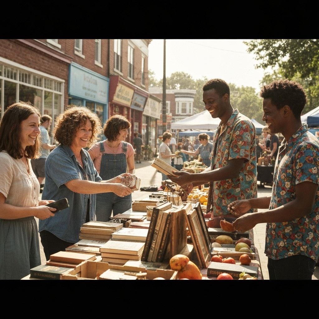 People happily trading items in a local community setting