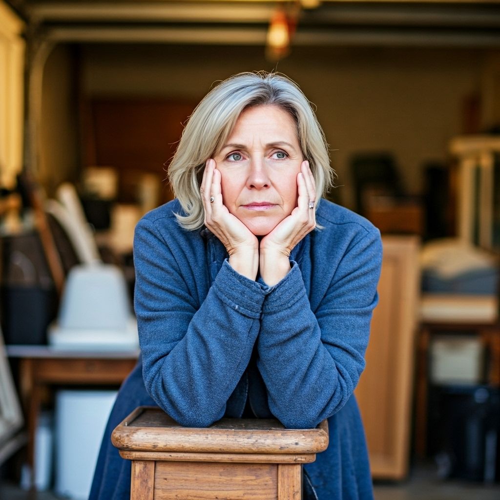 Maria in her garage surrounded by items