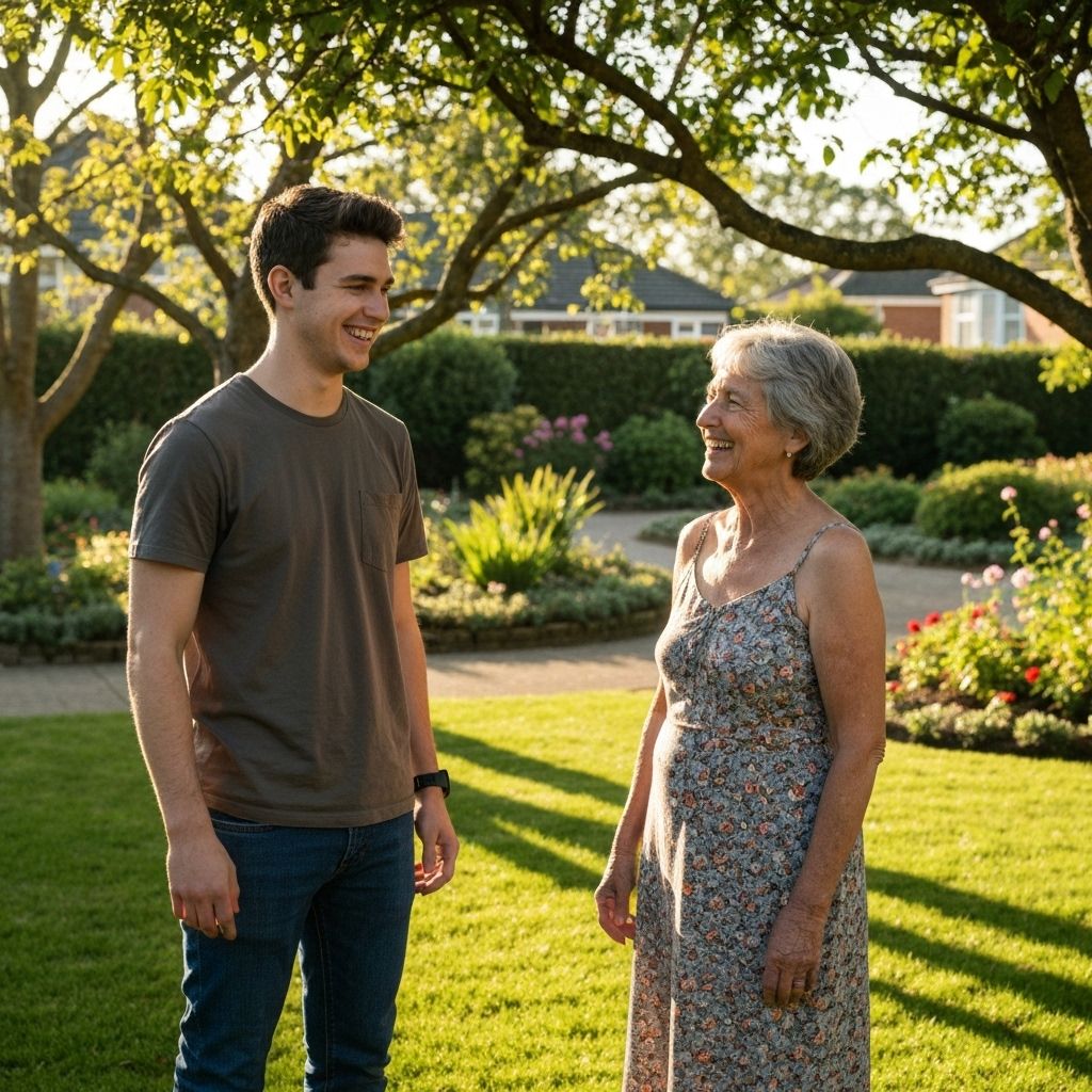Young man having friendly conversation with elderly neighbor in beautiful yard