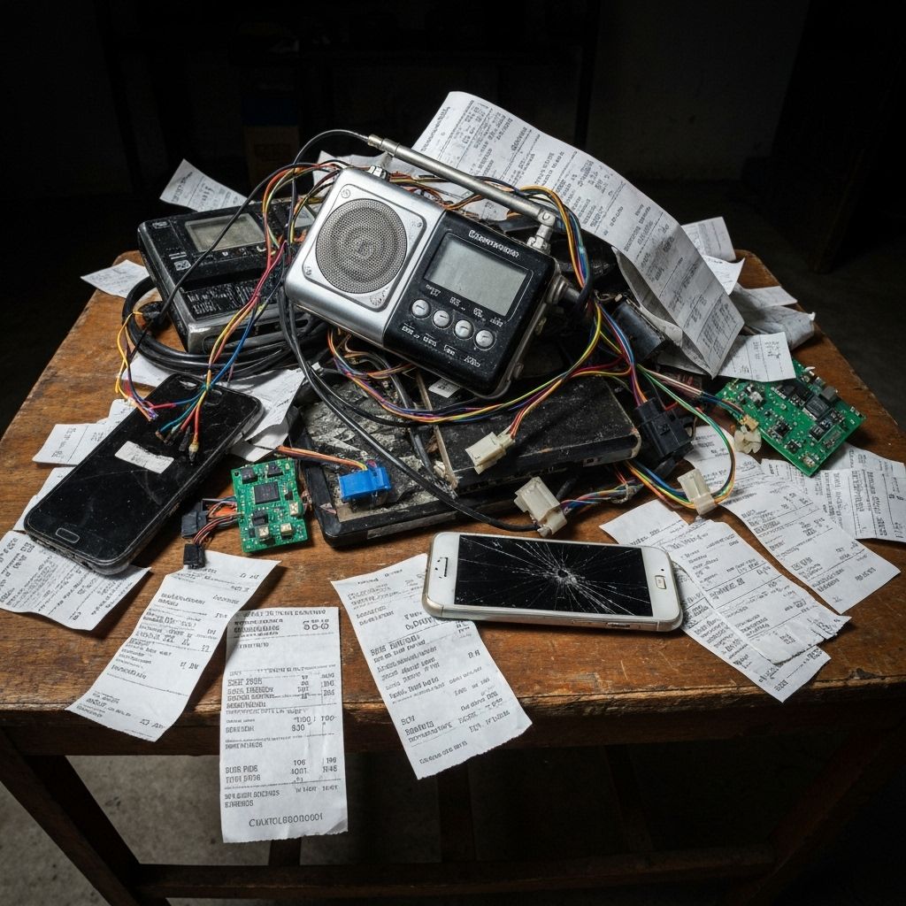 Pile of broken imported items and customs receipts