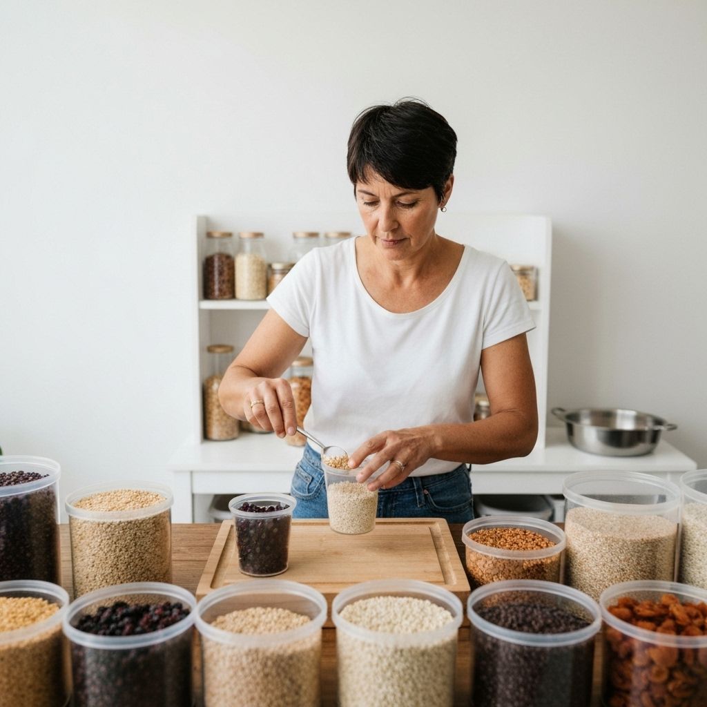 Woman carefully measuring and portioning bulk herbs into smaller containers