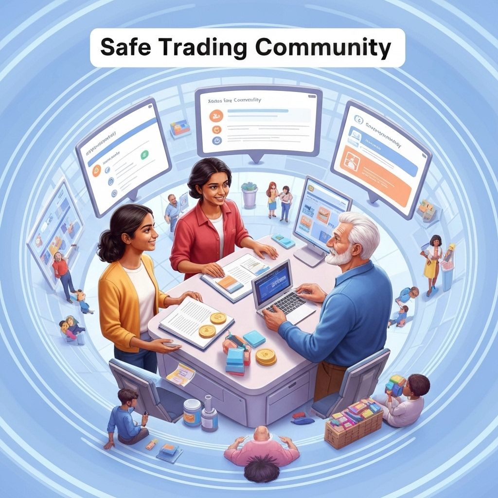 People safely trading items in well-lit public space