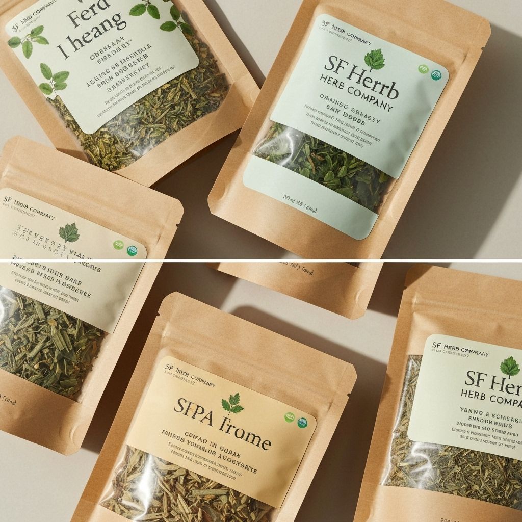 Multiple packages from San Francisco Herb Company spread across kitchen counter