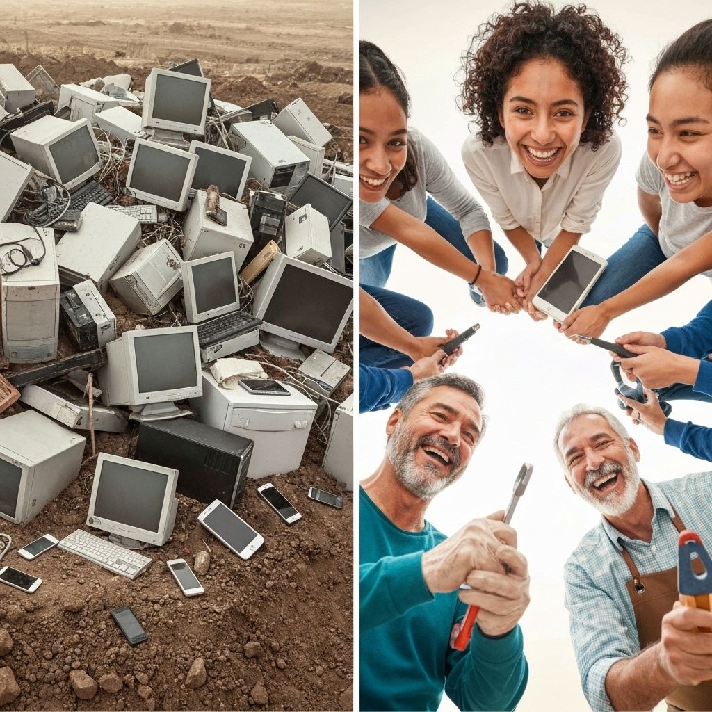 Split image showing landfill waste on left transforming into community sharing circle on right