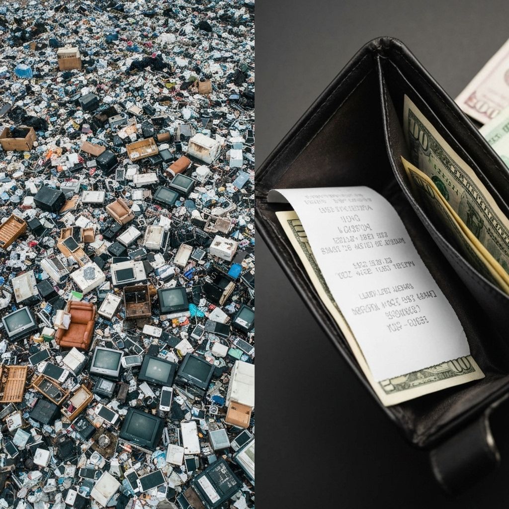 Split image showing overflowing landfill on left and empty wallet with bills on right, representing waste and income inequality